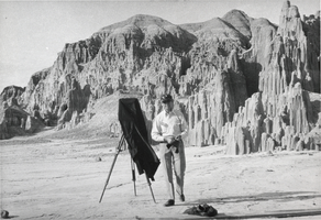 Photograph of a man at Cathedral Gorge, Nevada, circa late 1930s