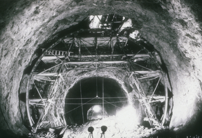 Slide of diversion tunnel number 3 on the Arizona side of Hoover Dam, circa early 1930s
