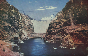 Postcard of Hoover Dam's downstream side, circa mid 1930s