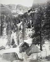 Photograph of cabins in the snow on Mount Charleston, Nevada, circa 1920s-1950s