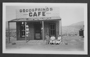 Photograph of three women on the porch of the Goodsprings Cafe, Goodsprings, Nevada, circa 1920s