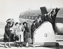Photograph of people boarding Bonanza Air Craft, Las Vegas, circa 1945-1950s