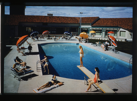 Slide of the crowded Flamingo Hotel and Casino pool, Las Vegas, circa 1950s