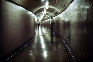 Slide of a corridor inside of Hoover Dam, circa late 1930s