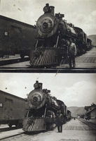 Postcard of men beside train Engine 3416, Caliente, Nevada, circa early 1900s