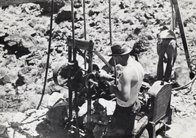 Photograph of two construction workers at the Hoover Dam site, 1931