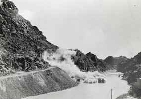 Photograph of blasting the Hoover Dam construction site, Nevada, 1931