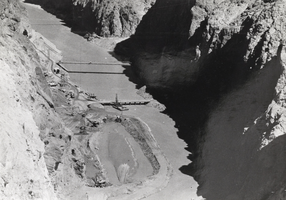 Photograph of Boulder Canyon early in the construction process, Nevada, 1931