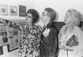 Photograph of women inside Elton Garrett's history room, Boulder City, Nevada, circa 1981
