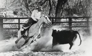 Photograph of George Malone riding his horse PAYDIRT, circa 1947-1959