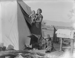 Film transparency of a woman and two children camped in Las Vegas, Nevada, 1931