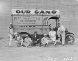 Film transparency of Pioneer Painting Co. truck and employees, Las Vegas, 1929-1930