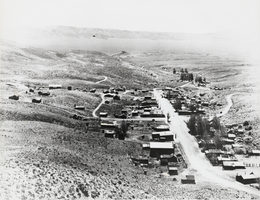 Film transparency of town, unknown location, possibly in Nevada, 1961