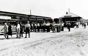 Film transparency of tourists arriving by bus in Boulder City, Nevada, 1931