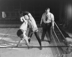 Film transparency of Leo Papionis and George Batalis wrestling, Las Vegas, Nevada, 1929