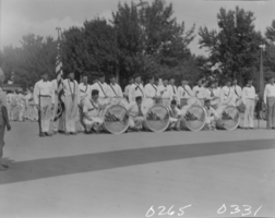 Film transparency of a marching band in the Labor Day Parade, Las Vegas, Nevada, 1930