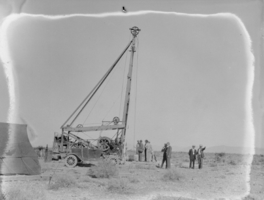 Film transparency of a group of unidentified men drilling for oil in the Las Vegas valley, Nevada, circa 1930-1932