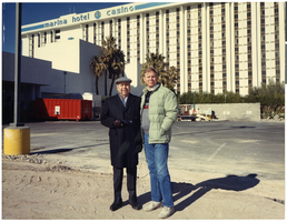 Film transparency of Morry and Stuart Mason in front of the Marina Hotel/Casino, Las Vegas, Nevada, circa 1990s