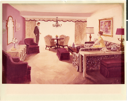 Photograph of an artist's rendering of a couple in a typical guest room at the Tropicana, Las Vegas, Nevada, circa 1960s-1970s
