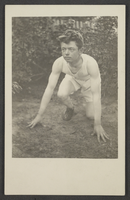 Postcard of Clarence Stocker posing in a running position, location unknown, circa 1910-1915