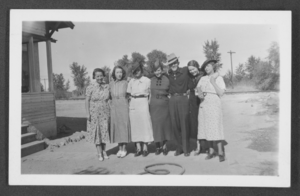 Photograph of Geraldine Stocker, Mae Pickett Stocker, and others at the Overton Mill, Overton, Nevada, circa 1932-1940s