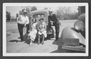 Photograph of Geraldine and Mayme Stocker with two unidentified workers, Overton, Nevada, circa 1932-1940
