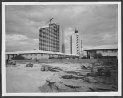 Photograph of construction of a new tower at the Sahara Hotel, Las Vegas, Nevada, circa spring-summer 1963