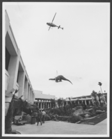 Photograph of a helicopter delivering a dinosaur statue to the Tropicana Hotel, Las Vegas, Nevada, circa 1986