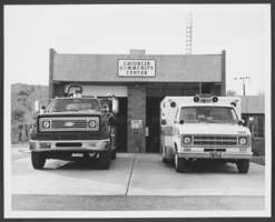 Photograph of emergency vehicles outside the Laughlin Community Center, Laughlin, Nevada, circa 1970s-1980s
