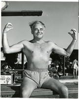 Photograph of Wilbur Clark posing on a diving board at the Desert Inn, Las Vegas, Nevada, circa late 1940s-1950s