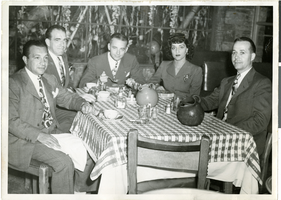 Photograph of Stanley Harris, Harold Clark, Wilbur Clark, Toni Clark and Len Barcon, El Rancho Hotel, Las Vegas, Nevada, circa 1944