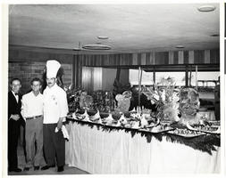 Photograph of a chef and hotel staff at the Desert Inn's first anniversary party, Las Vegas, Nevada, April 1951
