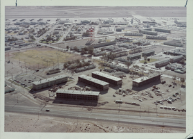 Aerial photograph of concrete barracks at Nellis Air Force Base, Nevada, circa 1960s-1970s