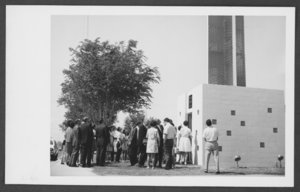 Photograph of a congregation standing outside of the First Baptist Church, North Las Vegas, Nevada, circa 1960s