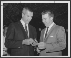Photograph of Governor Paul Laxalt holding a key to the city of North Las Vegas and Councilman James B. Kelly, North Las Vegas, Nevada, October 20, 1966