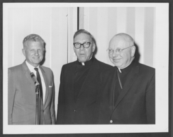 Photograph of Father James Sheehy, Mayor William Taylor and Bishop Robert Dwyer at a dinner honoring Sheehy, North Las Vegas, Nevada, January, 1964