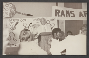 Photograph of Bill Ireland speaking at the Rancho High School awards banquet, North Las Vegas, circa 1970s