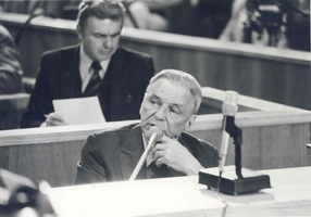 Photograph of Frank Sinatra at his gaming license hearing, Las Vegas, circa early 1980s