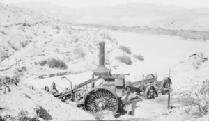 Photograph of a steam-powered tractor in Eldorado Canyon, Nevada, circa early 1900s