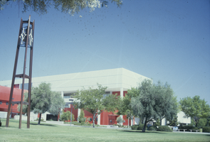 Slide of clock tower on East Mall and James R. Dickinson Library, University of Nevada, Las Vegas, 1984