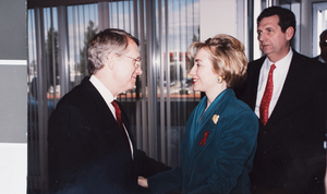 Photograph of Harry Reid, Hillary Clinton, and Bob Miller, University of Nevada, Las Vegas, circa early 1990s