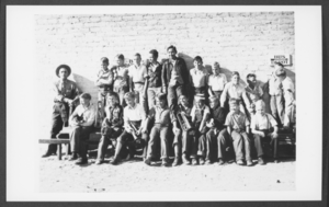 Photograph of boys at a bus depot, Boulder City, Nevada, circa 1947-1950