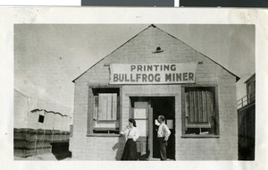 Photograph of the Bullfrog Miner print shop, Las Vegas, circa 1906-1910