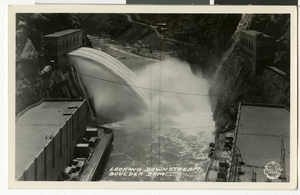 Postcard of Hoover Dam's downstream side, circa 1930s-1950s