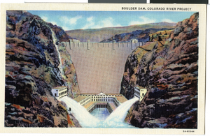 Postcard of downstream view, Hoover Dam, circa 1930s