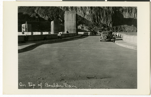 Postcard of the top of Hoover Dam, circa 1930s