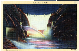 Postcard of Hoover Dam at night, circa late 1930s