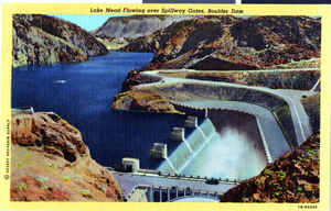 Postcard of Lake Mead flowing over Hoover Dam spillway gates, circa late 1930s