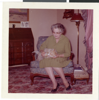 Photograph of Doris Hancock with her cat, Corporal, Las Vegas, circa 1970s