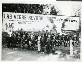 Photograph of boy scouts in front of a sign, Las Vegas, 1929.